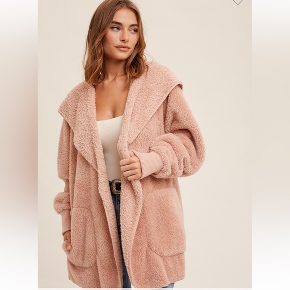 🆕Cardigan Oversized Hoodie Cozy Open With Pockets Mauve Pink OSFM - Picture 3 of 4